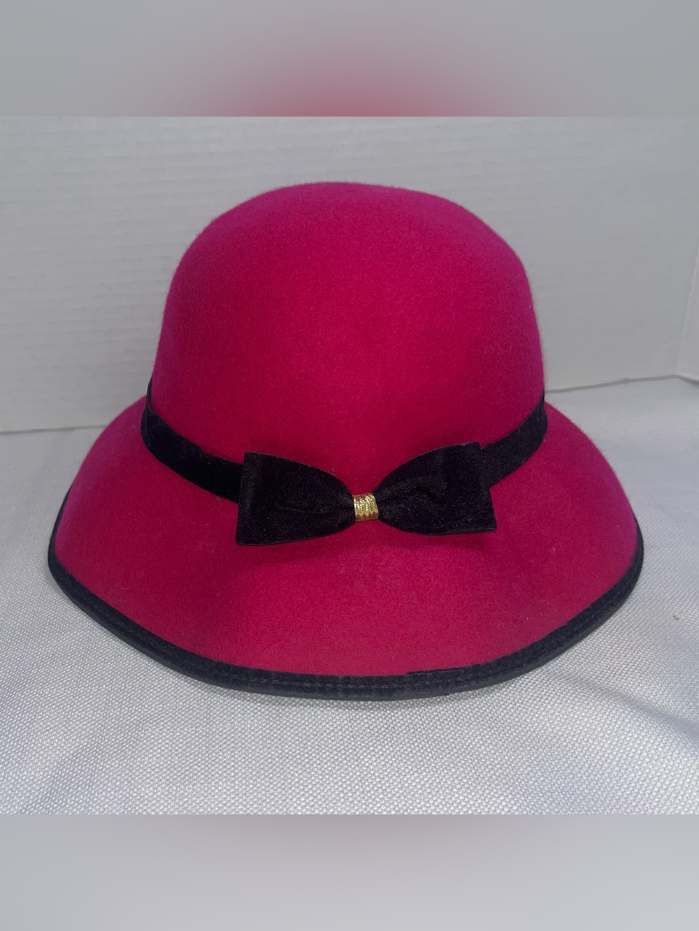 Vintage 100% Wool Felt Hat Pink Black Bow Trim Made In USA Women’s